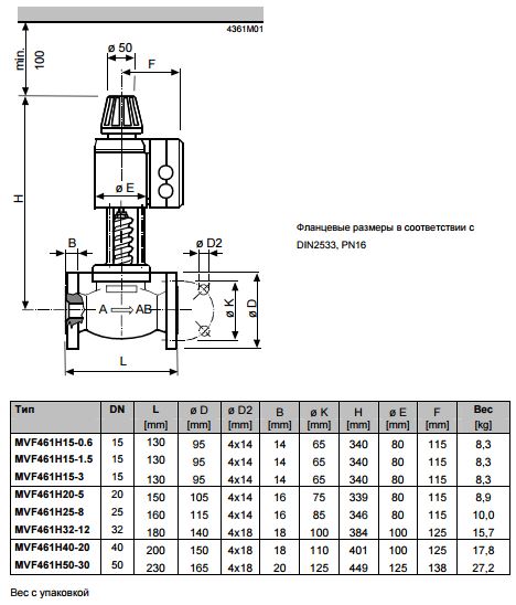 Размеры магнитного клапана Siemens MVF461H15-1.5