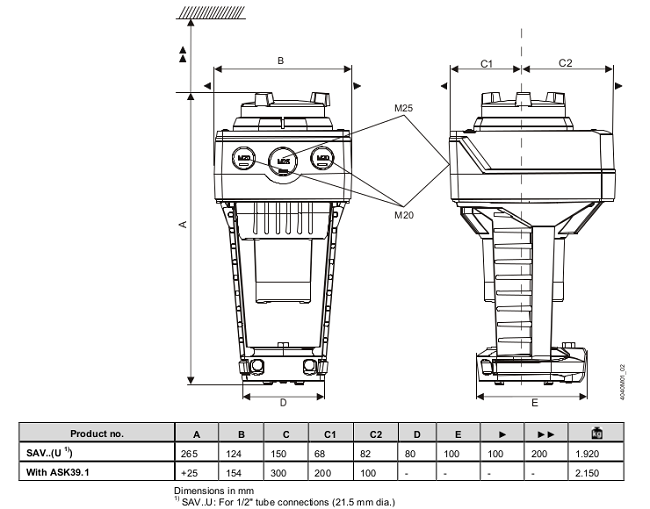 Размеры привода Siemens SAV81P00
